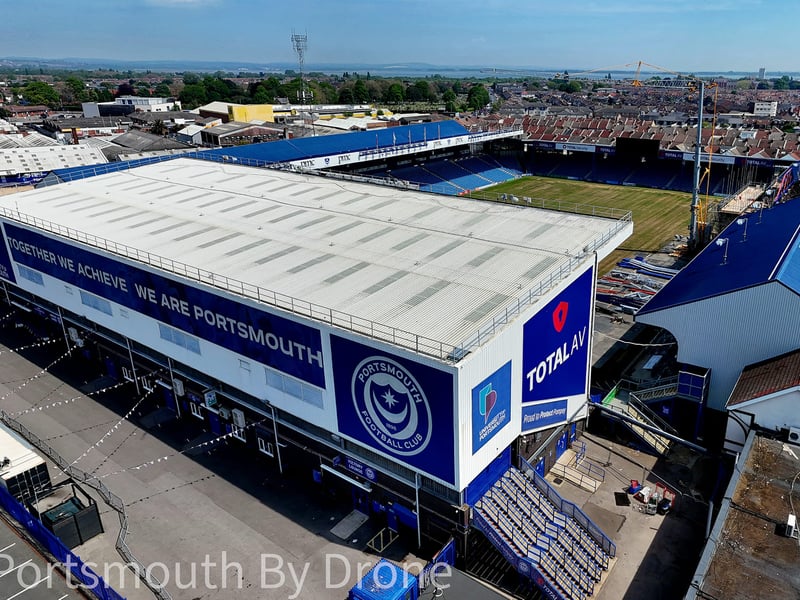 Drone image showcasing Fratton Park and South Stand TV gantry work by My Portsmouth By Drone.