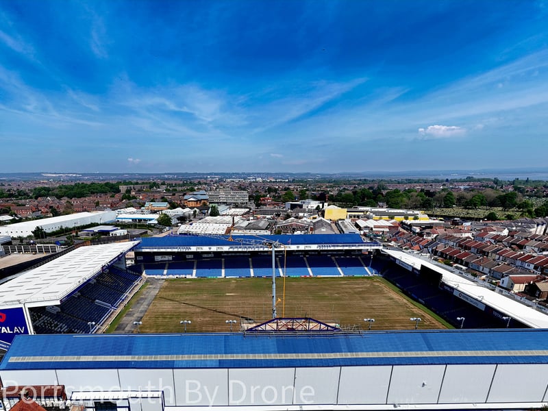 Drone image showcasing Fratton Park and South Stand TV gantry work by My Portsmouth By Drone.