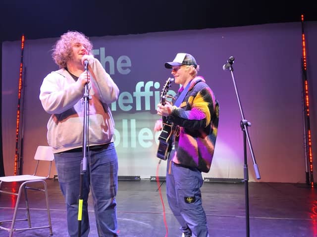Sheffield College music student Lol Bailey performs with Ed Sheeran. The four-time Grammy winner visited the college Hillsborough campus today.