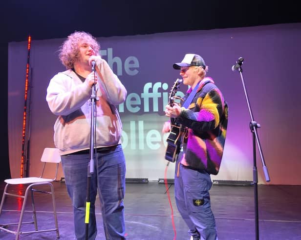 Sheffield College music student Lol Bailey performs with Ed Sheeran. The four-time Grammy winner visited the college Hillsborough campus today.