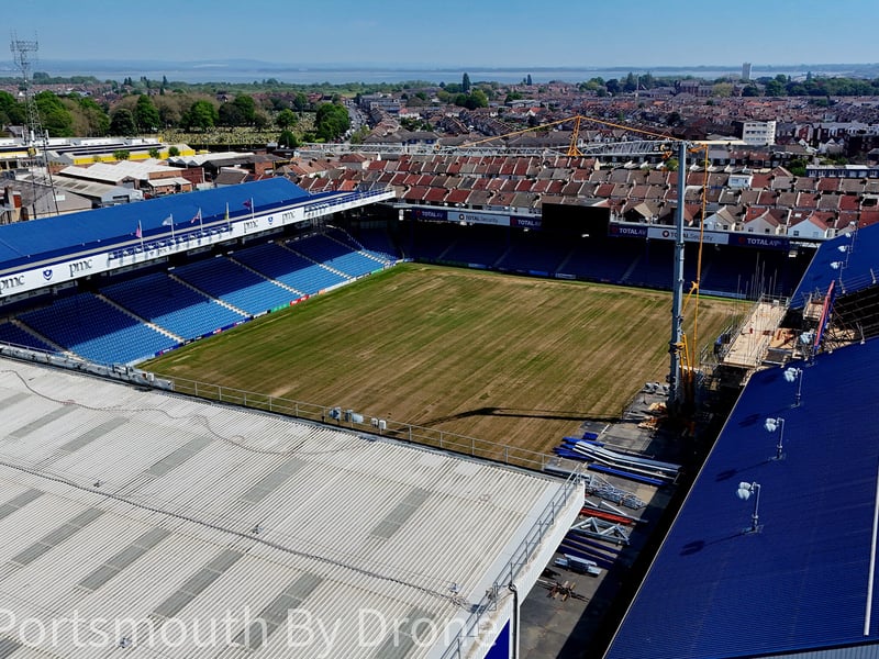 Drone image showcasing Fratton Park and South Stand TV gantry work by My Portsmouth By Drone.