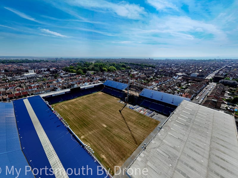 Drone image showcasing Fratton Park and South Stand TV gantry work by My Portsmouth By Drone.