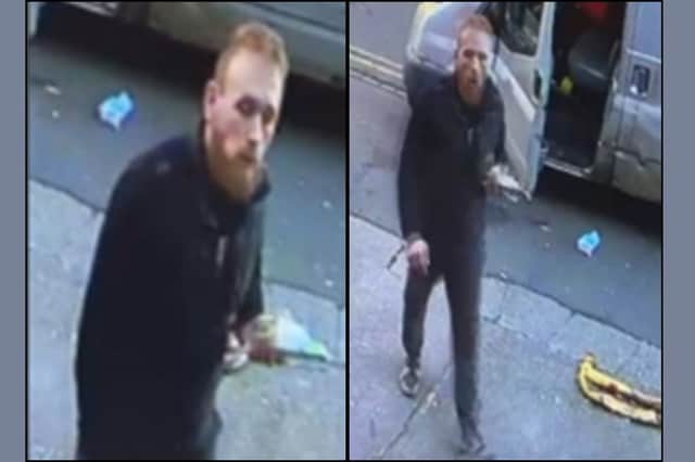 Pictured is a white, ginger male, aged in his 30s. He was pictured with a brown haired man of a similar age in the CCTV footage.