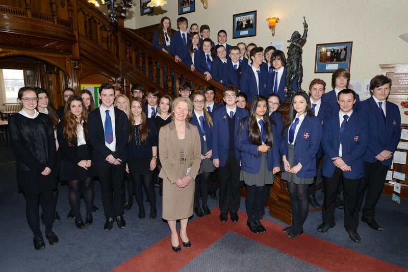 Sunderland High School Head, Dr Angela Slater with Year 11 pupils and 6th formers after the school came out on top for their GCSE and A Level results.
