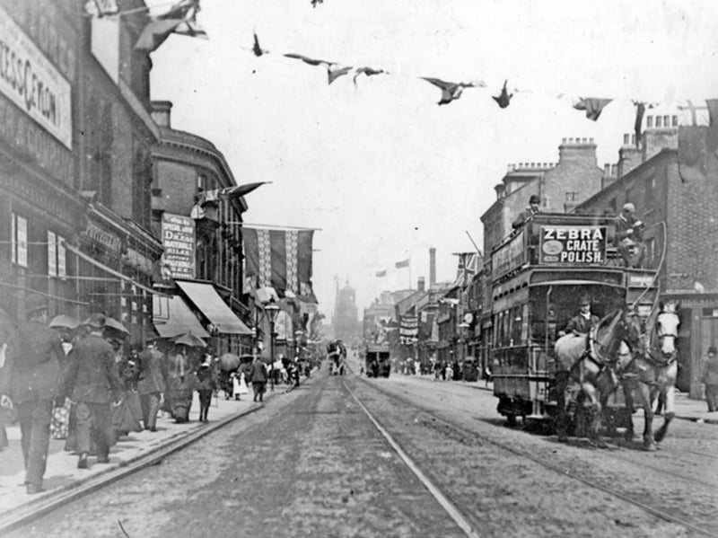 The Moor is Sheffield's main shopping strip. It used to be known as South Street before it was renamed in February 1922, reportedly to avoid confusion with another South Street near Hyde Park. Before being known as South Street, it was called Sheffield Moor. This photo shows South Street, as it was then, in 1887, decorated for Queen Victoria's Jubilee.