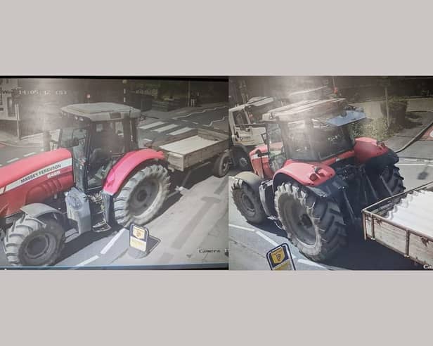 South Yorkshire Police would like to trace this red tractor and its driver. It is reported that a pedestrian crossing signal and two buildings were damaged in a collision in Rotherham in April.