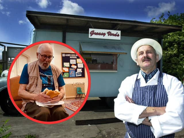 John Smith outside Greasy Vera's at Neepsend, Sheffield, in 2003, and, inset, tucking into one of the famous Chegg Burgers more than 20 years later. James Doolan is developing a play inspired by the legendary late night takeaway van, which served Sheffielders from the 1970s until the early 2000s