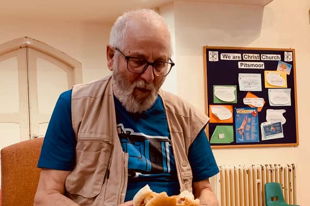 John Smith tucking into one of Greasy Vera's famous Chegg Burgers all these years later. The burger was recreated as part of the research and development of a play inspired by the legendary late night takeaway van, which served Sheffielders from the 1970s until the early 2000s