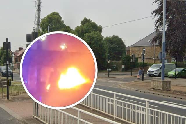 The junction of Hurlfield Road and Ridgeway Road, Manor Top, Sheffield, and, inset, a video showing police at the scene of a fire after a car crashed there in the early hours of Saturday, May 18