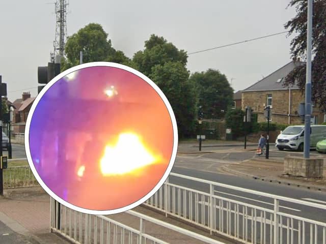 The junction of Hurlfield Road and Ridgeway Road, Manor Top, Sheffield, and, inset, a video showing police at the scene of a fire after a car crashed there in the early hours of Saturday, May 18