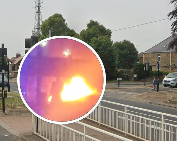 The junction of Hurlfield Road and Ridgeway Road, Manor Top, Sheffield, and, inset, a video showing police at the scene of a fire after a car crashed there in the early hours of Saturday, May 18