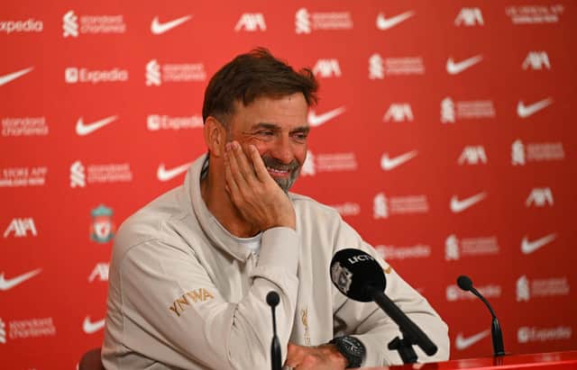 Jurgen Klopp manager of Liverpool at his final Press Conference at AXA Training Centre on May 17, 2024 in Kirkby, England. (Photo by John Powell/Liverpool FC via Getty Images)