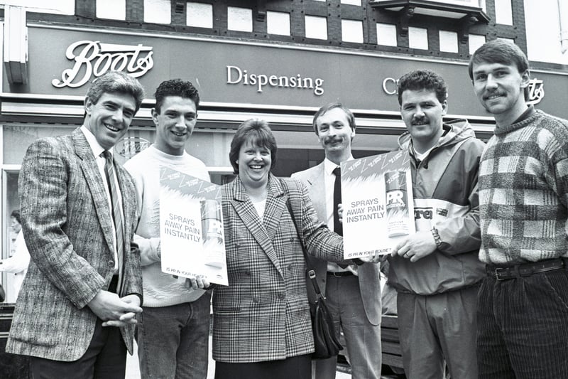 Ltics stars receive samples of the new PR Pain Spray from Boots the Chemist in Wigan, 1989