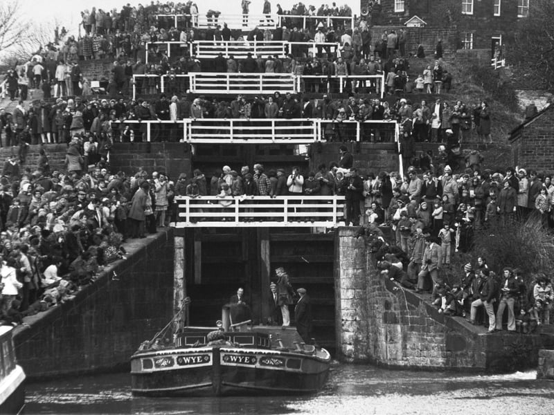 Thousands gathered in March 1974 to watch the barge Wye as she marked the 200th anniversary of the construction of the Five Rise locks.
