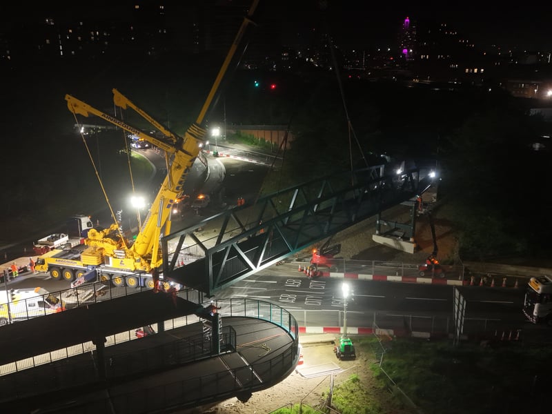 Spence Lane footbridge spans 32.9 metres long and four metres wide. It will cross over the A643 and join either side by two new accessible ramps.
