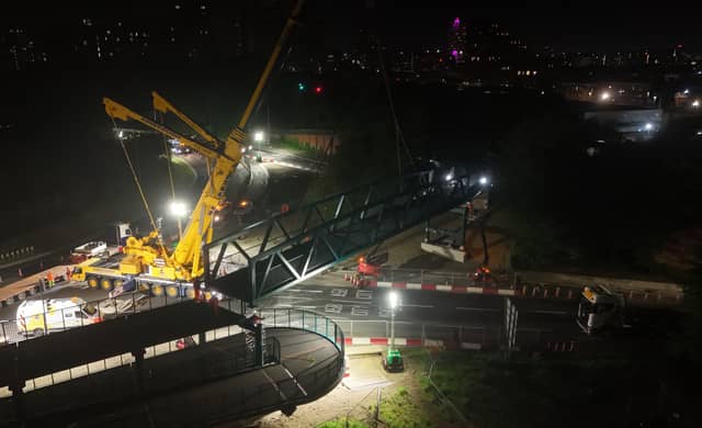 Spence Lane footbridge spans 32.9 metres long and four metres wide. It will cross over the A643 and join either side by two new accessible ramps.