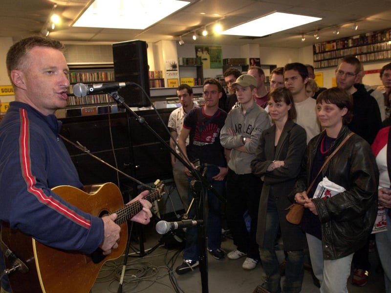 Billy Bragg, pictured here performing at Record Collector, in Broomhill, sang about Sheffield in his song Northern Industrial Town. It's not about Sheffield, per se, but life up north and people's perceptions of it. He sings 'it's not Leeds or Manchester, Liverpool, Sheffield nor Glasgow, it's not Newcastle-on-Tyne, it's Belfast, it's just a northern industrial town'.