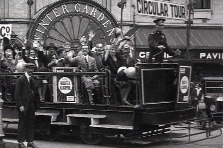 Travelling by tram past the Winter Gardens in 1926