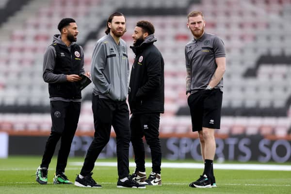 Ben Brereton Diaz and Oliver McBurnie of Sheffield United look on during a pitch inspection prior to the Premier League match between AFC Bournemouth and Sheffield United at Vitality Stadium on March 09, 2024 in Bournemouth, England. (Photo by Michael Steele/Getty Images)