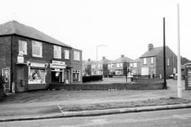 Green Lane and The Common, Ecclesfield, showing Sandra's Chippy, in December 1980