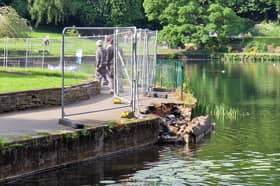 More barriers have been put in place at Crookes Valley Park after another section of the banking wall collapsed. Photo: David Kessen, National World