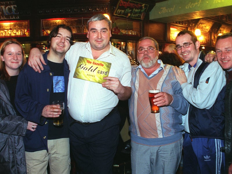 Landlord of the Golden Ball Keith Jones and regulars with the Gazette Gold Card