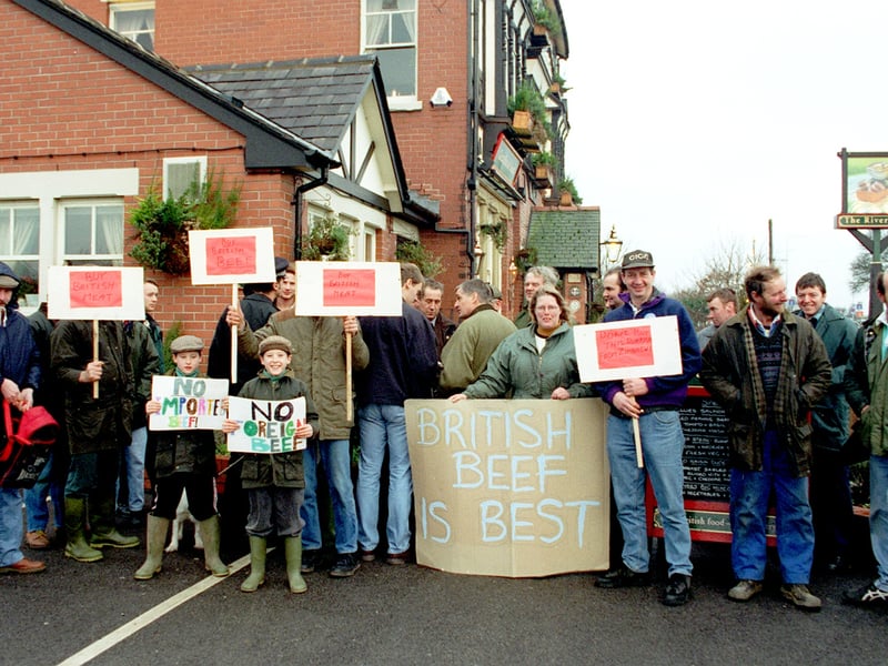Angry farmers gathered outside the River Wyre pub in Poulton when they heard of a lunch to sample South African beef. Pic shows the demonstration.