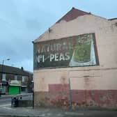 This painted sign advertising processed peas was revealed when a billboard was removed from the side of the building on Sandygate Road, Sheffield. It remains in surprisingly good condition, with the pea green colouring still fairly vibrant.