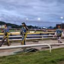 Sheffield's Kyle Howarth, Chris Holder, and guest Rory Schlein, salute the crowd after Sheffield's 50-40 win over Leicester at Owlerton. Photo: National World