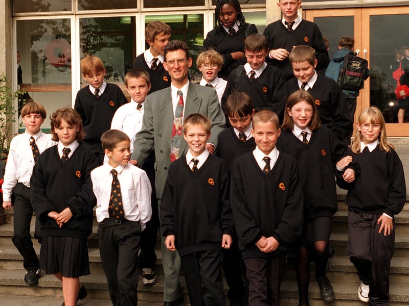 Pupils pictured with head teacher Andrew Hobbs when the school first opened its doors in September 1996.