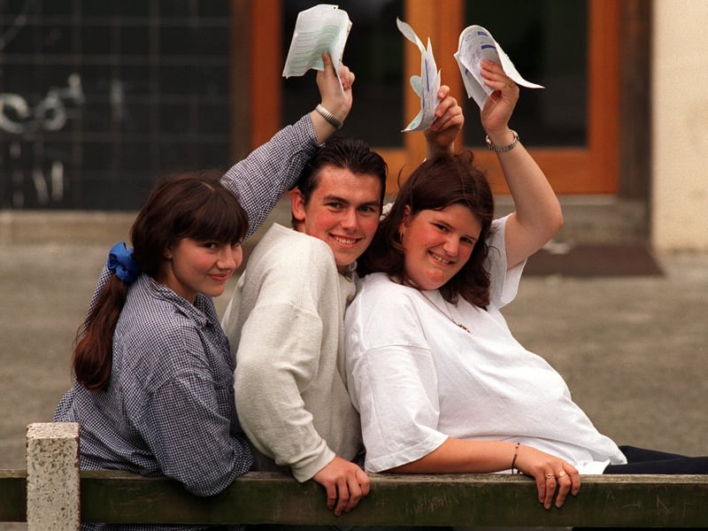 Pupils celebrate GSCE results in August 1997. Pictured, from left, are, Sarah Unwin, (5 C's and 3 D's), David Cameron (2 B's, 2 C's, and 2 D's) and Alyson Woodhall ( 1 A, 1 B, 4 C's, and 3 D's).