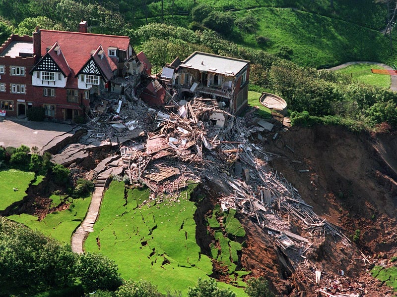 A scene of devastation at the Holbeck Hall Hotel in June 1993 after it collapsed 150ft down a cliff face to the beach below.