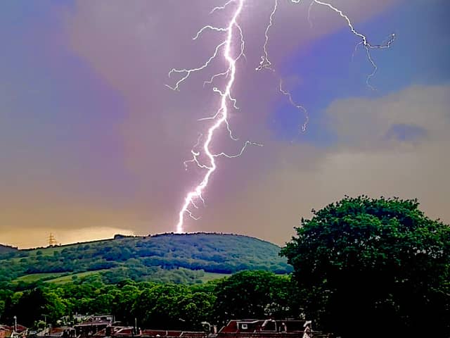 Lightning storm on Drummau Mountain seen from near Rhos, North Wales.