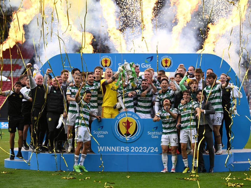 The trophy has been lifted in front of the packed Celtic support.
