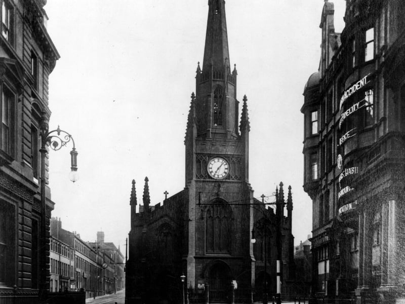 The original building of the Roman Catholic St. Anne's Cathedral, looking east from Park Row. It was positioned near the site of Leeds Permanent Building Society headquarters at the junction of The Headrow and Cookridge Street.