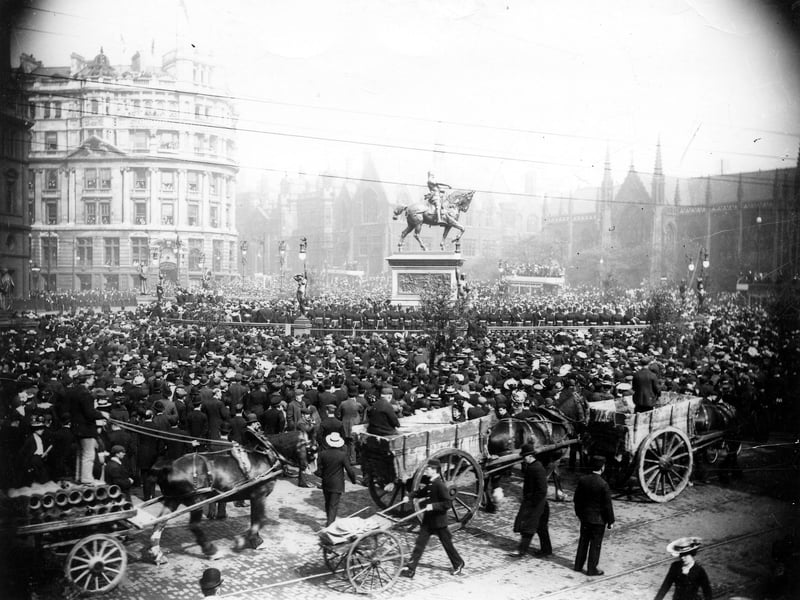 Crowded scene at the opening of City Square and the unveiling of the statue of the Black Prince, sculpted by Thomas Brock, which dominates the centre. In the background from left are the Standard Life Assurance Building, Park Row and Priestley Hall named after Dr Joseph Priestley who was also the Minister of the adjacent Mill Hill Chapel in the eighteenth century. Pictured in September 1903.
