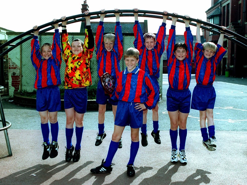 Hanging about at the top: Devonshire Road Junior School 5-a-side squad, winners of the Blackpool and The Fylde College Primary Schools Tournament. From left, Michael Brown, Stuart Alcock, Liam Larkin, Shane McLeod, Lee Diss and Ryan Lowe with captain Ben Smith at the front