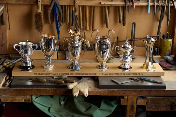 British Silverware was hired by the club’s owners to craft sterling silver cups to mark Jurgen Klopp's winning ways.
From left: League Cup, European Super-Cup, Premier League, Champions League, FA Cup and World Club Cup.
