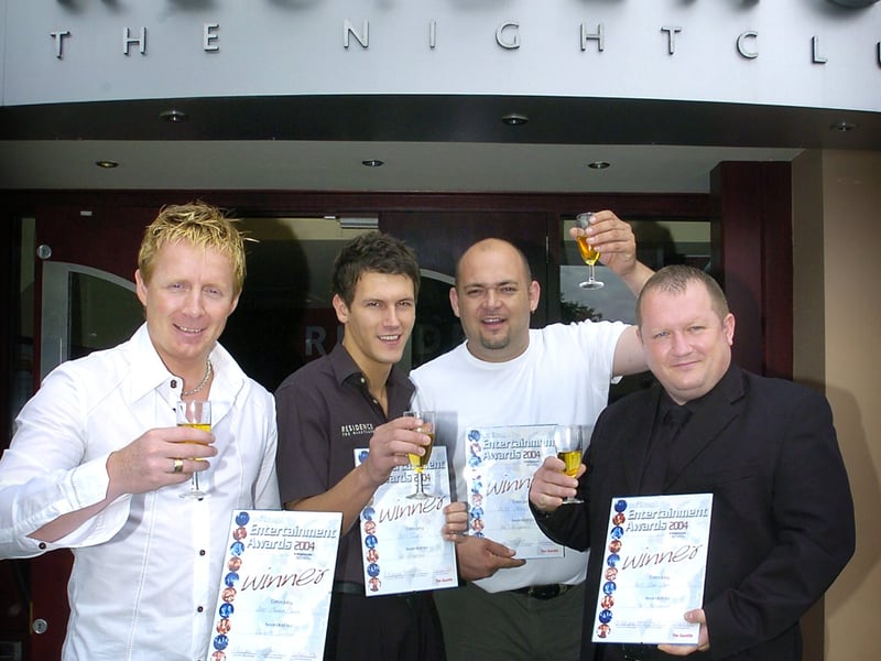 Staff at The Residence nightclub in Poulton were celebrating after scooping four titles in the Gazette Weekend Entertainment Awards.
Pic L-R: Owner Elliott Simpson, Bar Manager Jimmy Sponder, DJ Tony King, and Head Doorman Steve Wood.