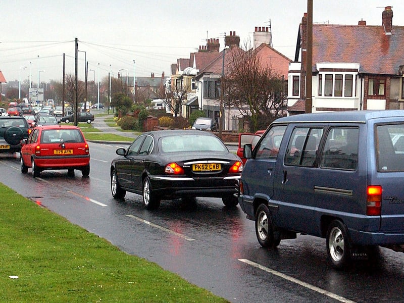 As busy as ever - traffic queueing on Devonshire Road, approaching the Warbreck Hill roundabout junction