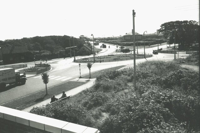 The junction of Red Bank Road, Devonshire Road and Bispham Road showing Bispham Library. Bispham Police Station now stands where the cottages left of centre are. The photograph appears to have been taken from the roof of the public toilets, 1950s