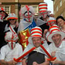 Regulars from the Pheasant pub on Sheffield Lane Top dressed in St George's Day costume in April 2009