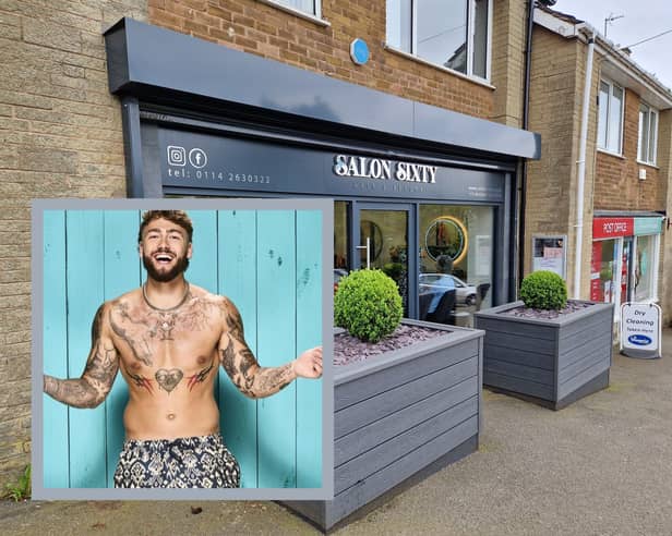 Pals of Sam Taylor (inset picture, courtesy of ITV) who work near the Salon 60 salon in Lodge Moor, main picture, tell why they can't wait to see him on Love Island (Main picture, National World)