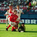 15 pictures to bring back memories of Euro 96 in Sheffield.  This one shows Brian Laudrup of Denmark hit the post against Croatia at Hillsborough. Photo:  Ross Kinnaird/Getty Images