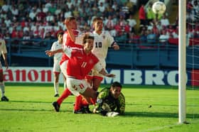 15 pictures to bring back memories of Euro 96 in Sheffield.  This one shows Brian Laudrup of Denmark hit the post against Croatia at Hillsborough. Photo:  Ross Kinnaird/Getty Images