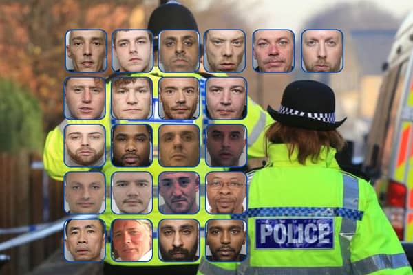 All of the 22 men pictured here are currently wanted by South Yorkshire Police.
Top row, left to right: Sean Beazant; Corey Rodgers; Sajid Hussain; Ryan Haddington; Alex Milligan and Lewis Ringrose. Second row, left to right: Kyle Snowball; Ricky Roberts; Craig Lee and Craig McGarry. Third row, left to right: James Maughan; Nathaniel Soares; Andi Trokthi and Nasir Ali. Fourth row, left to right: Eljaso Cela; Mateo Cela; Liam Jones; and Sonny Ibe. Bottom row, left to right: Loi Le; John Eric Wells; Mohammed Anwaar and Ahmed Farrah