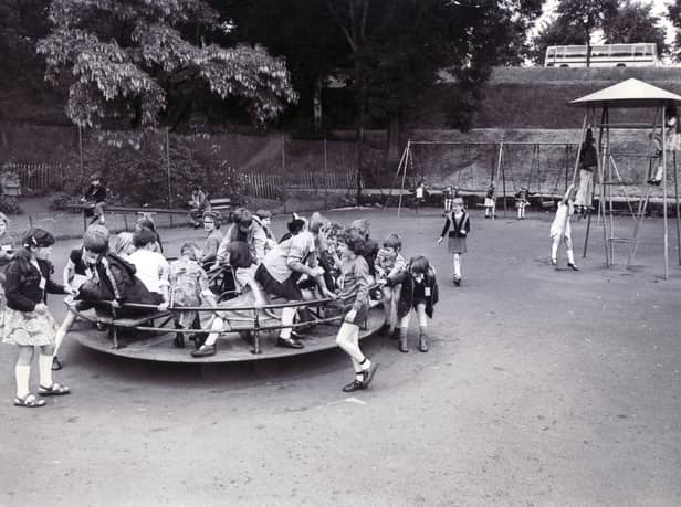 Children in the playground at Crookes Valley Park, Sheffield, in June 1976