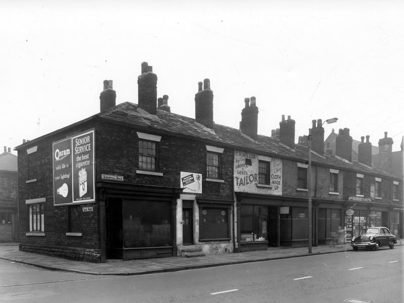Lloyd Street is on the left, moving right is number 174 Kirkstall Road, which is an empty shop. Next 172 is also vacant, then 170, premises of C.H. Miller ladies and gents tailor. Pictured in October 1959.