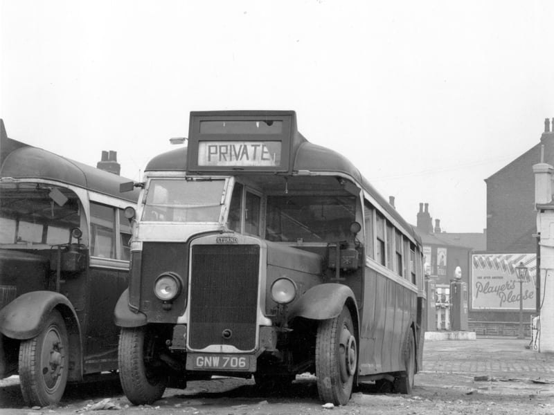 Leyland Tiger/Roe 23 (1938). Bus registration no GNW 706. Single decker, parked on waste land near Kirkstall viaduct. Destination board shows 'Private;, it was in service for Joe Keeling. This was October 1957.