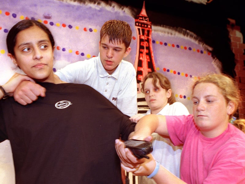 Palatine High School pupils rehearsing for the "JC 2000" competition. From left, Zannib Latif, Ryan Jones, Kirsty White and Lindsey Smith